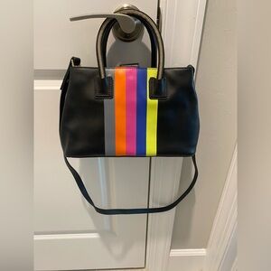 EUC Milly Logan Striped Black Leather Crossbody Purse W/Bright Stripes Beautiful